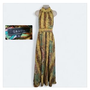 Gracia S Small Snake Print Maxi Halter Keyhole Dress Yellow Green Flowy Boho